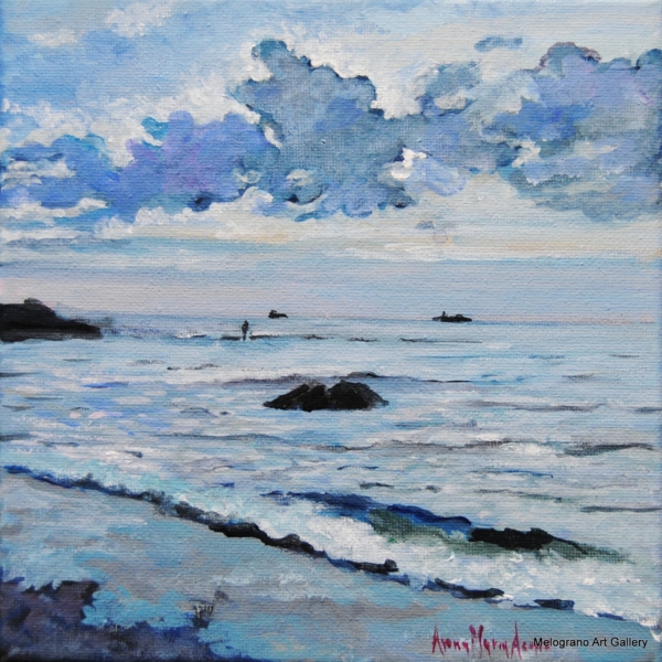 Dipinto di Anna Maria Acone con mare calmo e cielo luminoso, costa livornese