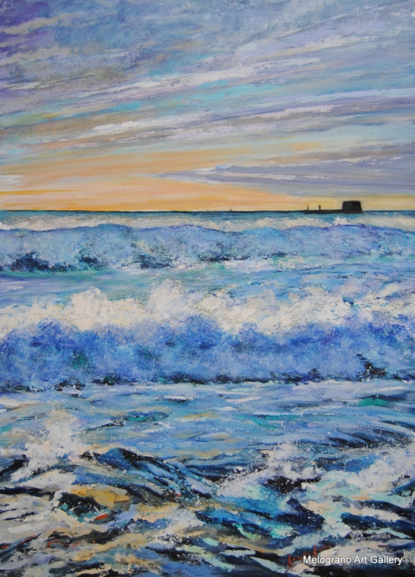 Quadro di Anna Maria Acone. Tramonto romantico su Livorno, cielo rosa e mare, pittura coinvolgente