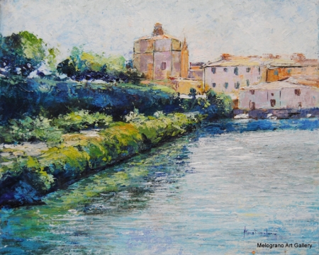 Dipinto di Anna Maria Acone con la Chiesa di Santa Caterina e i Fossi Medicei di Livorno, vista insolita sull’acqua