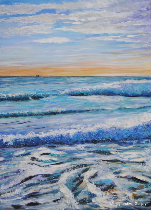 Quadro di Anna Maria Acone. Tramonto romantico su Livorno, cielo rosa e mare, pittura coinvolgente