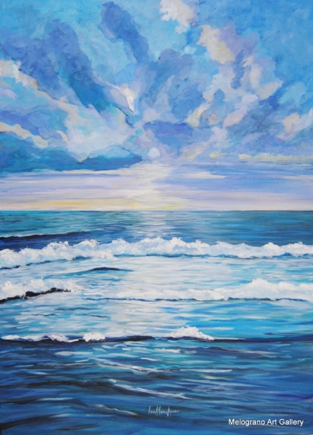 Quadro di Anna Maria Acone. Tramonto romantico su Livorno, cielo rosa e mare, pittura coinvolgente