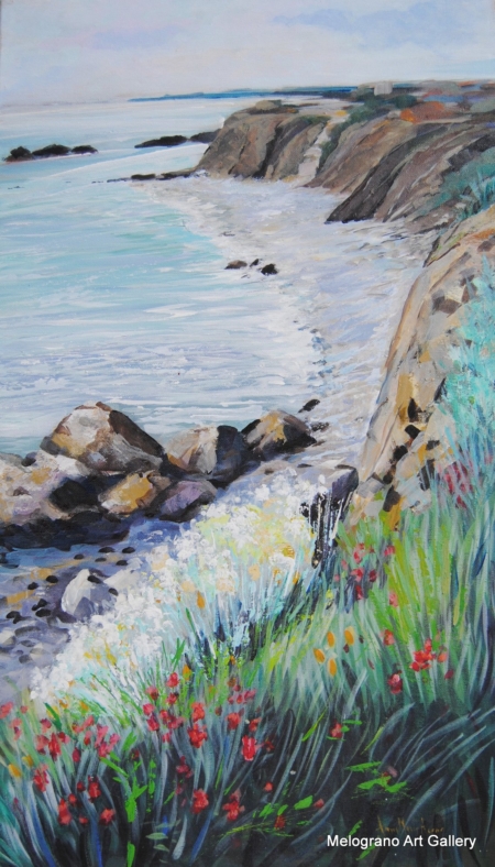 Dipinto di Anna Maria Acone con la scogliera di Antignano e fioriture sulle falesie, mare di Livorno