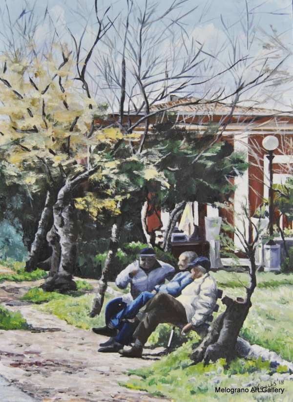 Baracchina Rossa tra gli alberi del lungomare di Livorno, luce chiara e atmosfera tranquilla, dipinto figurativo di Bianca Manis.