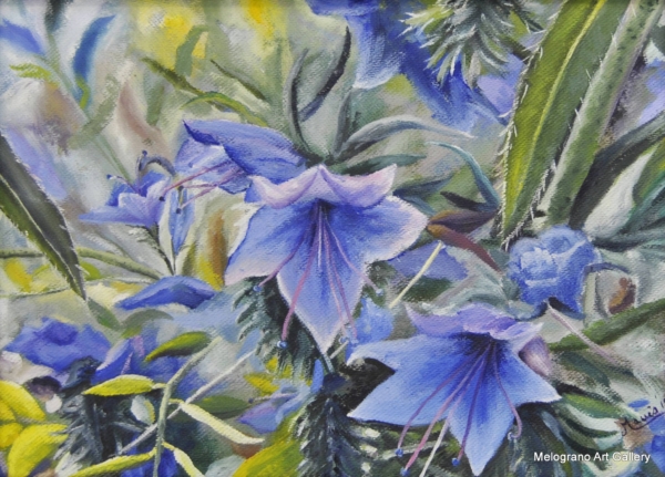 Particolare di cespuglio fiorito, fiori e foglie intrecciati, colori vivaci e luce naturale, dipinto floreale di Bianca Manis.