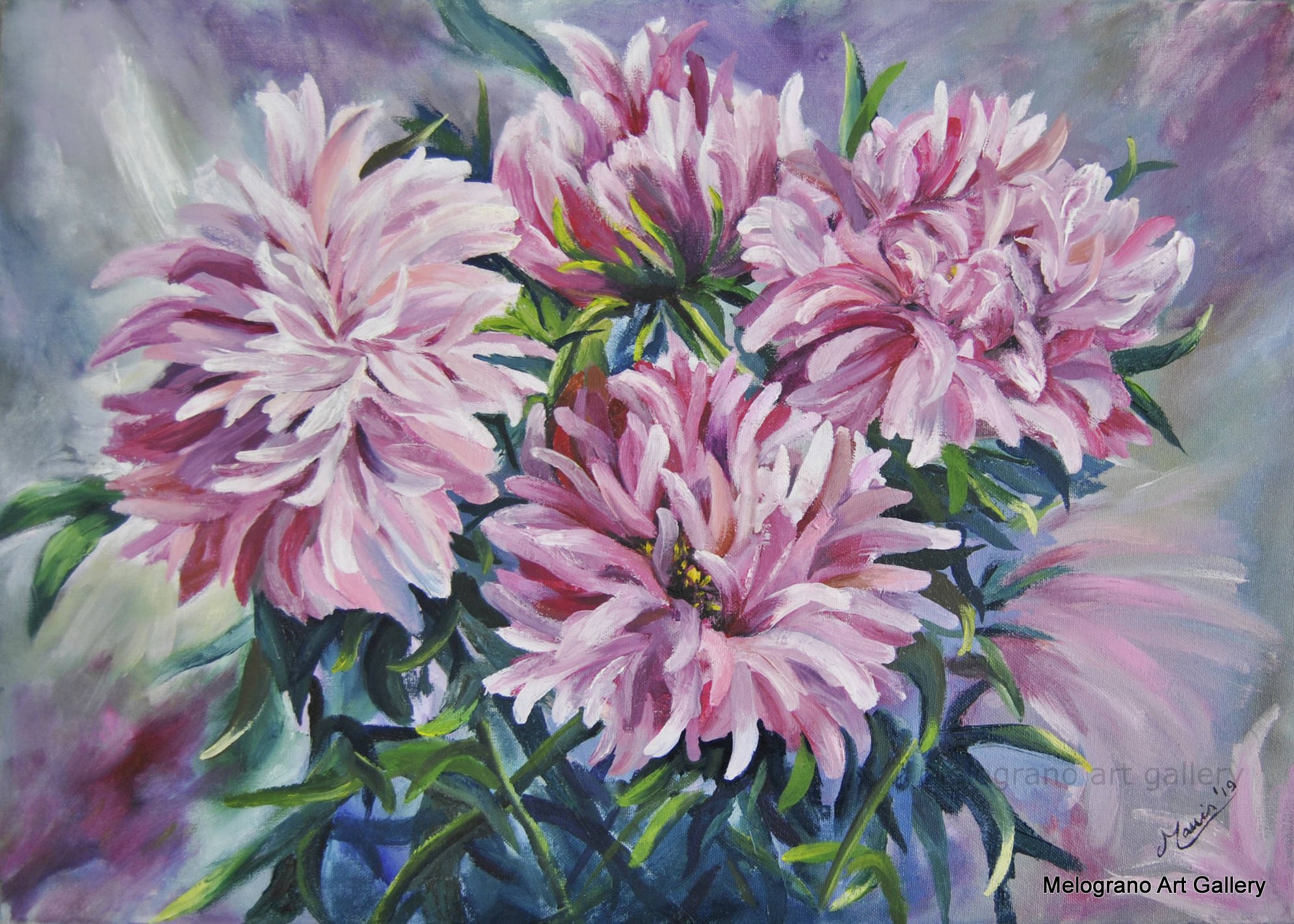 Particolare di cespuglio fiorito, fiori e foglie intrecciati, colori vivaci e luce naturale, dipinto floreale di Bianca Manis.