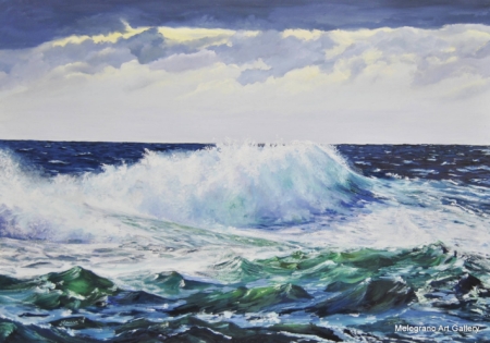 Onde in movimento, mare senza scogli, luce e riflessi sull’acqua, dipinto marino di Bianca Manis.