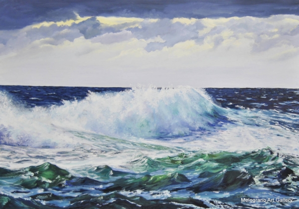 Onde in movimento, mare senza scogli, luce e riflessi sull’acqua, dipinto marino di Bianca Manis.