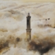Faro di Genova immerso nella nebbia, toni bruni e atmosfera seppia, visione poetica e silenziosa, dipinto figurativo di Bianca Manis.