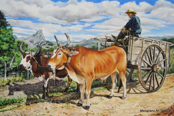 Coppia di buoi che traina un carro nella campagna, contadino con cappello seduto a cassetta, scena rurale serena, dipinto figurativo di Bianca Manis.