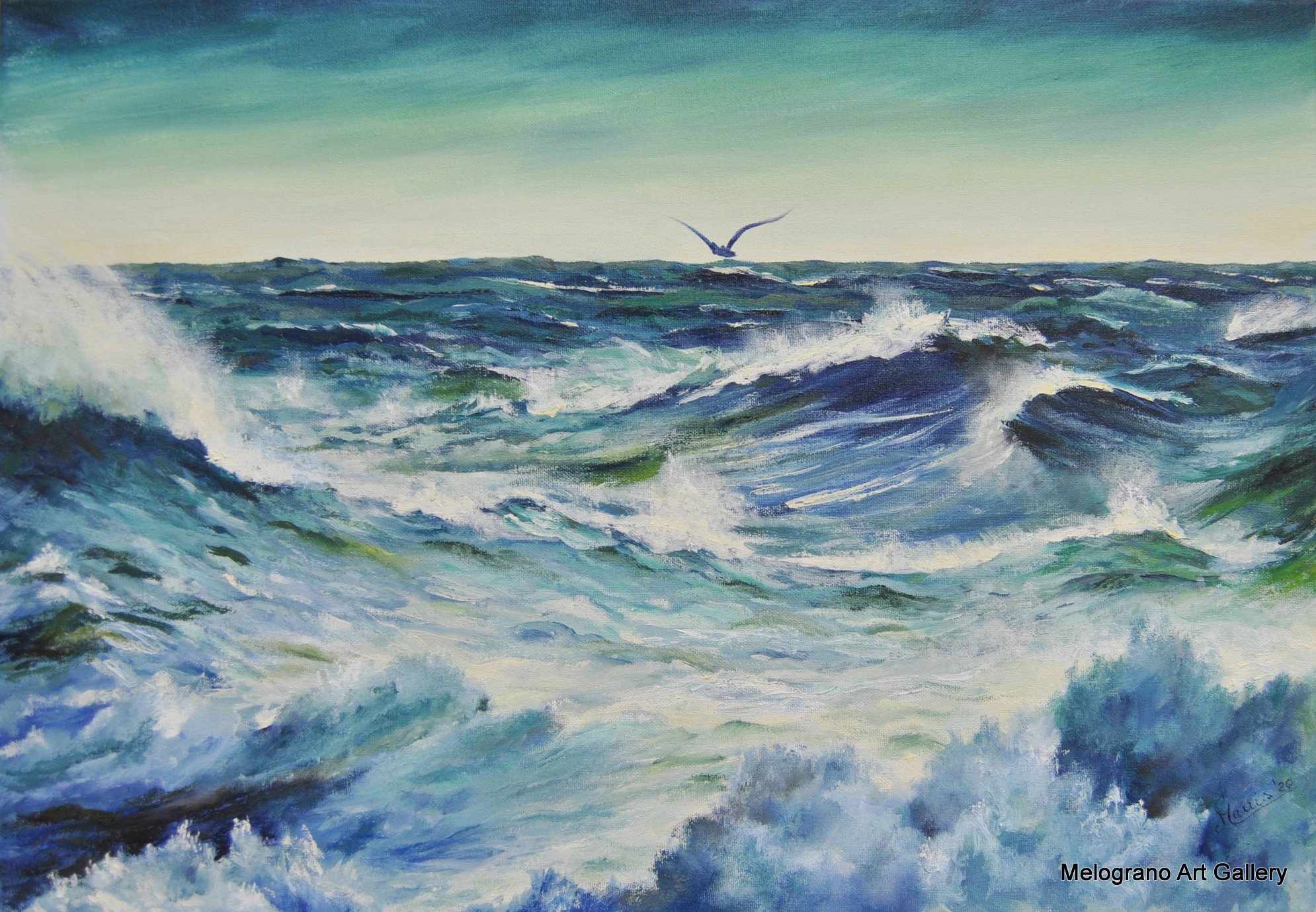 Onde in movimento, mare senza scogli, luce e riflessi sull’acqua, dipinto marino di Bianca Manis.