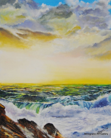 Tramonto sul mare con cielo giallo e riflessi sull’acqua, luce calda e atmosfera serena, dipinto figurativo di Bianca Manis.