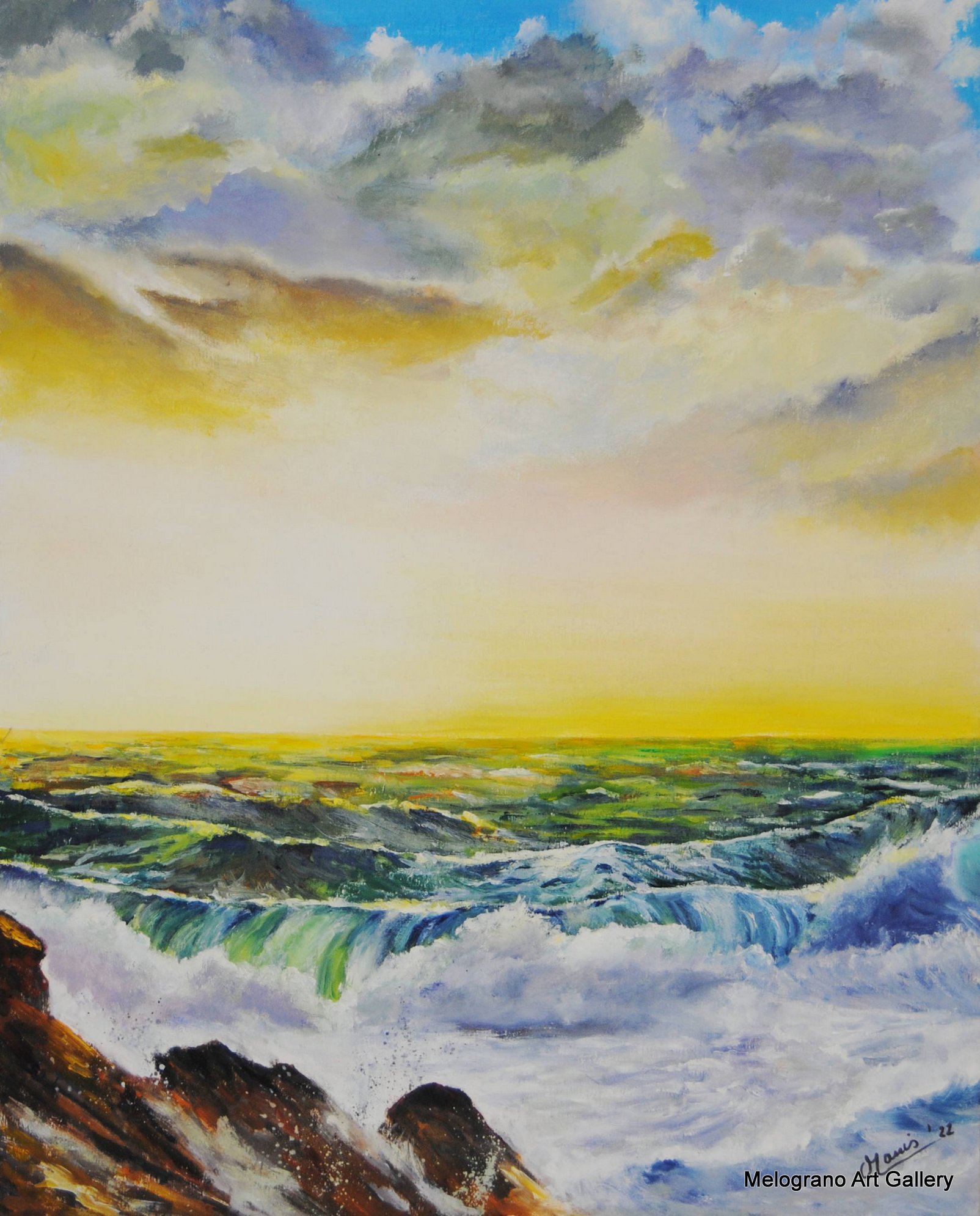 Tramonto sul mare con cielo giallo e riflessi sull’acqua, luce calda e atmosfera serena, dipinto figurativo di Bianca Manis.