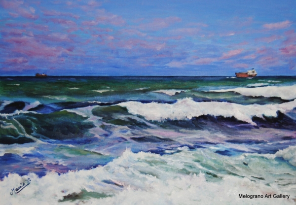 Onde in movimento, mare senza scogli, luce e riflessi sull’acqua, dipinto marino di Bianca Manis.