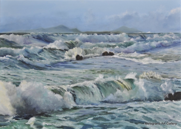 Onde in movimento, mare senza scogli, luce e riflessi sull’acqua, dipinto marino di Bianca Manis.