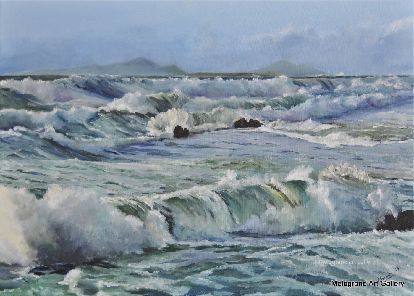 Onde in movimento, mare senza scogli, luce e riflessi sull’acqua, dipinto marino di Bianca Manis.