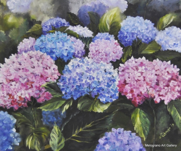 Particolare di cespuglio fiorito, fiori e foglie intrecciati, colori vivaci e luce naturale, dipinto floreale di Bianca Manis. Ortensie