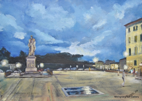 Piazza livornese nella luce del crepuscolo, taglio fotografico e dettagli contemporanei, dipinto figurativo di Bianca Manis.