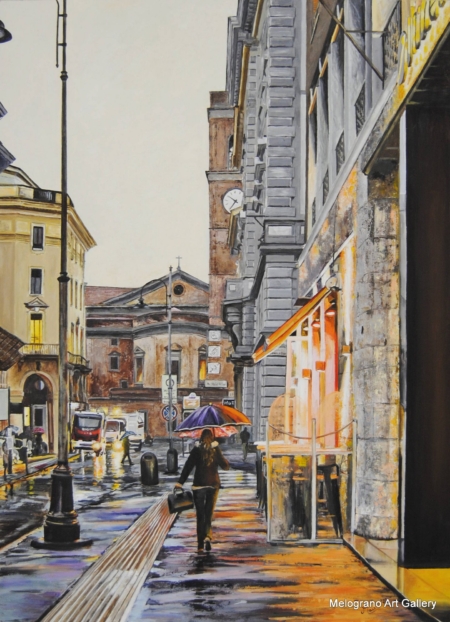 Scorcio urbano con dettagli realistici e luce calda, veduta cittadina iperrealista e vitale, dipinto figurativo di Bianca Manis.