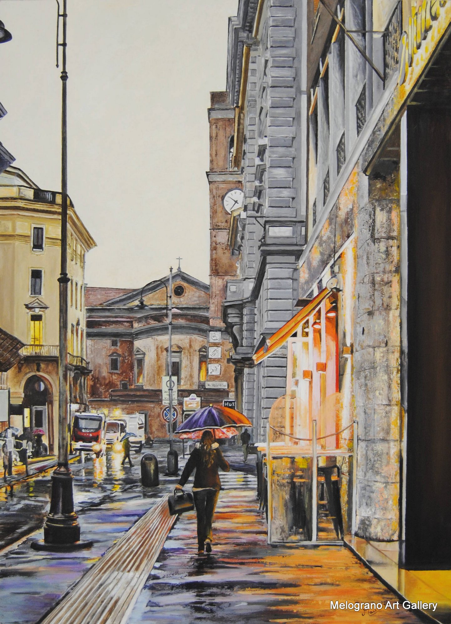 Scorcio urbano con dettagli realistici e luce calda, veduta cittadina iperrealista e vitale, dipinto figurativo di Bianca Manis.