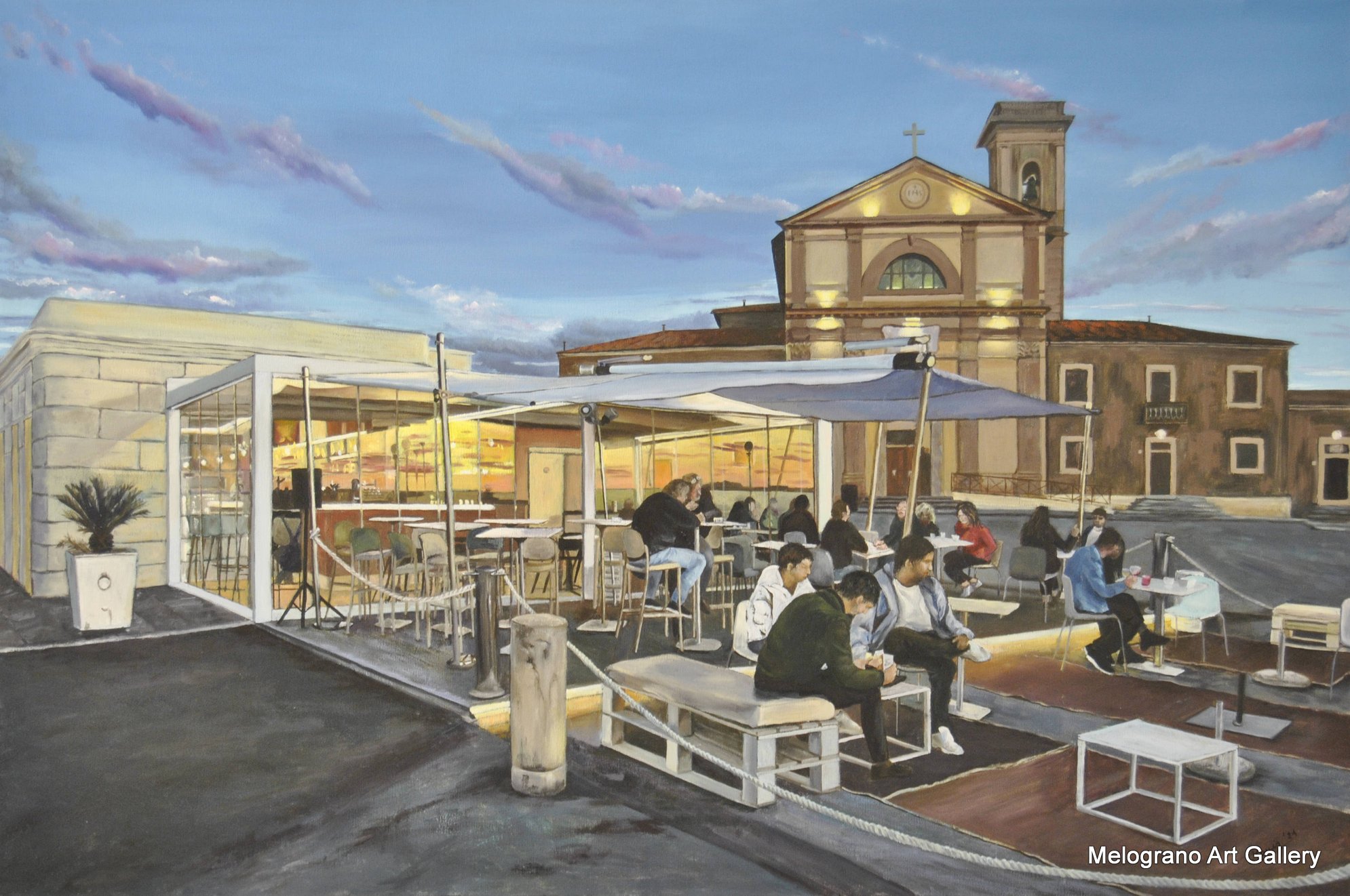 Baracchina Bianca al crepuscolo con la chiesa di San Jacopo, luci serali e persone ai tavolini all’aperto, dipinto figurativo di Bianca Manis.