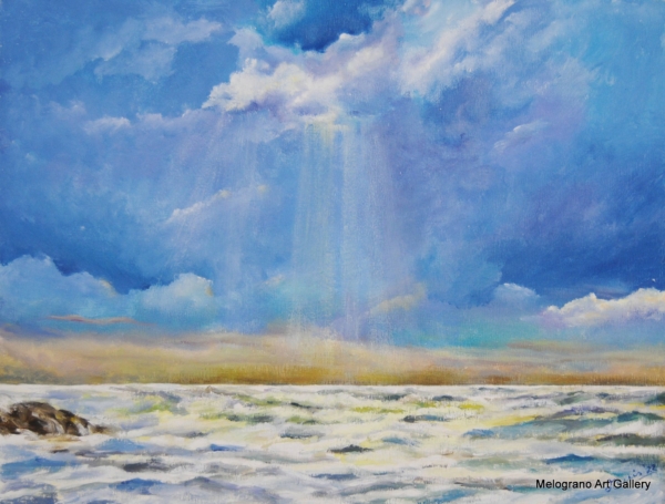 Onde in movimento, mare senza scogli, luce e riflessi sull’acqua, dipinto marino di Bianca Manis. Riflessi del tramonto