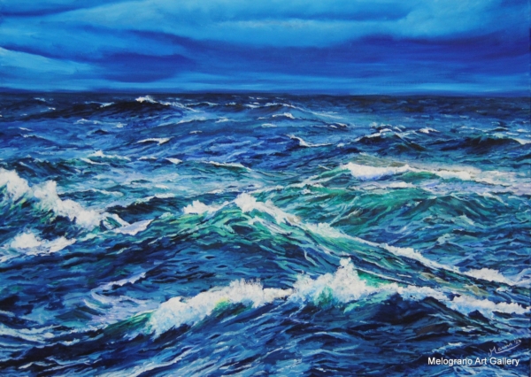 Onde in movimento, mare senza scogli, luce e riflessi sull’acqua, dipinto marino di Bianca Manis.