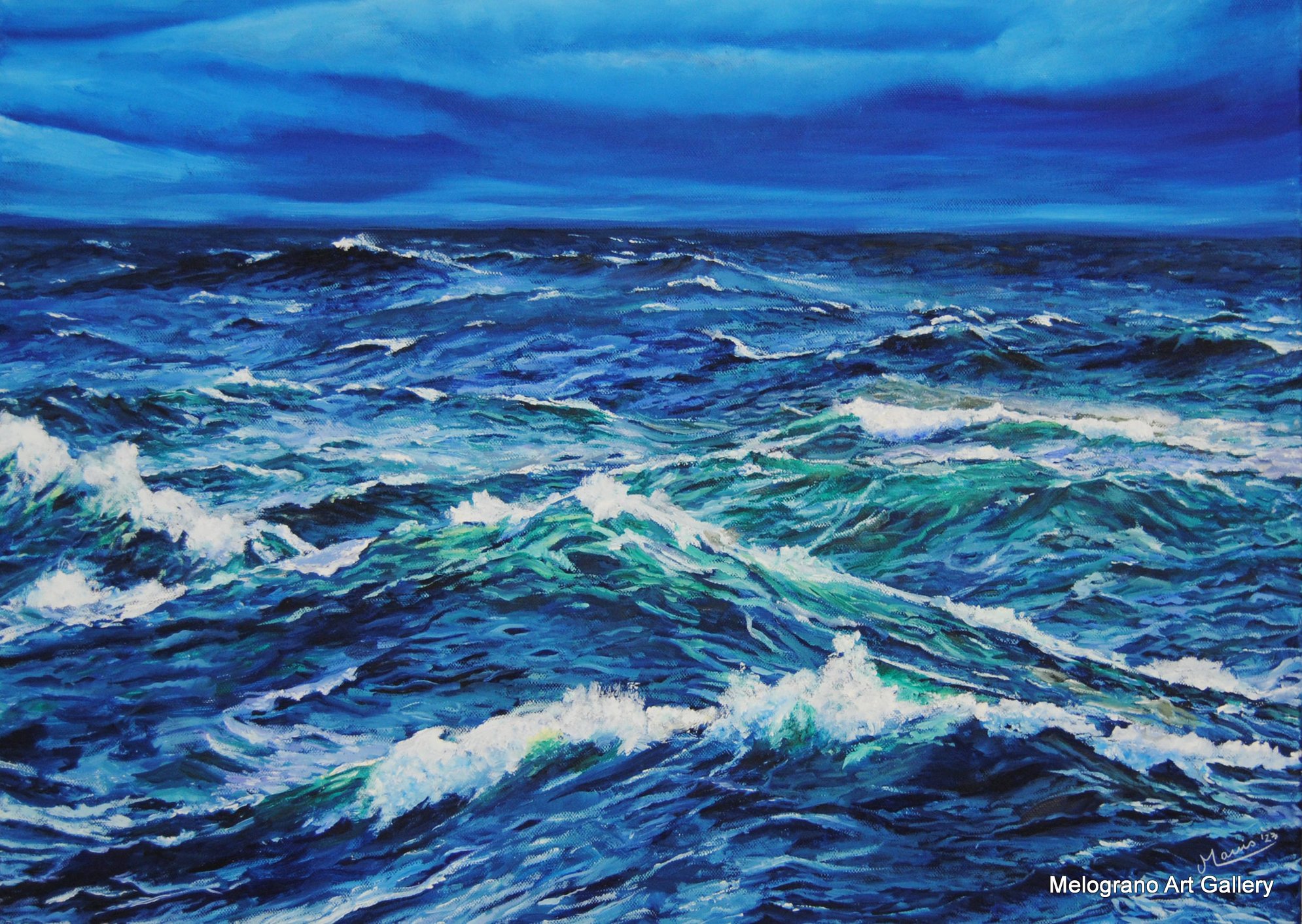 Onde in movimento, mare senza scogli, luce e riflessi sull’acqua, dipinto marino di Bianca Manis.