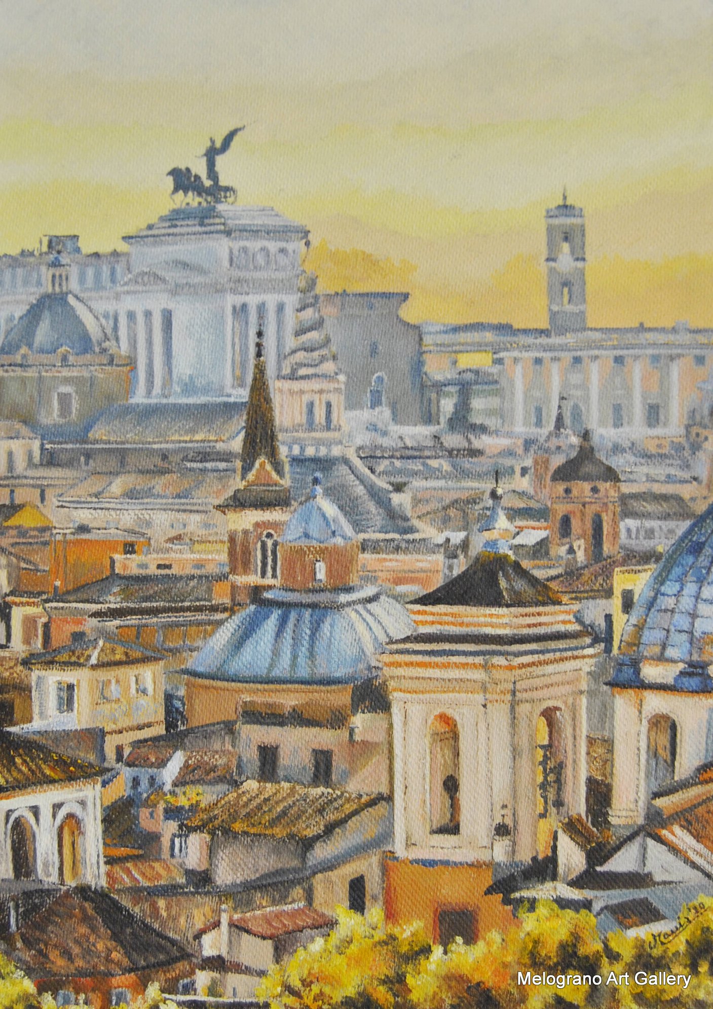 Tetti di Roma al tramonto con luce calda e riflessi aranciati, veduta urbana poetica e luminosa, dipinto figurativo di Bianca Manis.