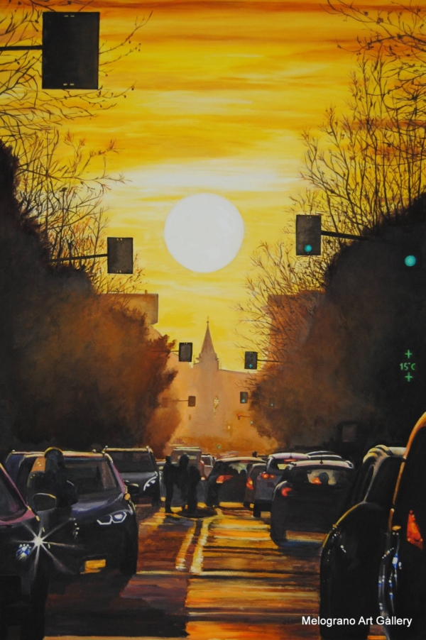Scorcio urbano in controluce al tramonto, luce aranciata e ombre profonde, atmosfera poetica e luminosa, dipinto figurativo di Bianca Manis.