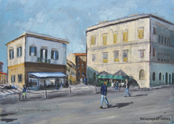 Piazza livornese nella luce mattutina, taglio fotografico e dettagli contemporanei, dipinto figurativo di Bianca Manis.