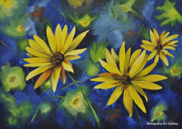 Particolare di cespuglio fiorito, fiori e foglie intrecciati, colori vivaci e luce naturale, dipinto floreale di Bianca Manis.