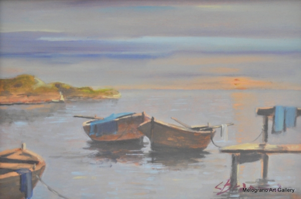 Barche al porto di Livorno in luce morbida, opera di Cesare Braccini