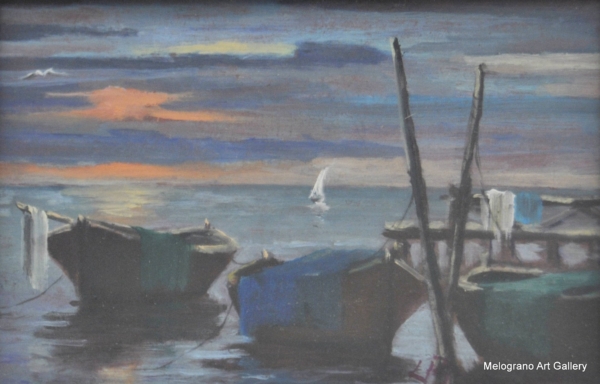 Barche al porto di Livorno in luce morbida, opera di Cesare Braccini