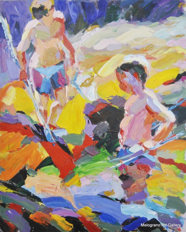 Dipinto di Ciro D’Alessio con due ragazzi che pescano in un paesaggio astratto dai colori mediterranei.