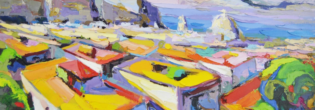 Dipinto di Ciro D’Alessio che raffigura una città mediterranea dai tetti bianchi, evocata con colori caldi e spatolate energiche.