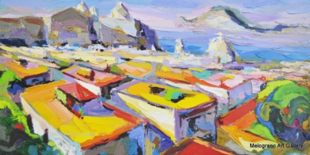 Dipinto di Ciro D’Alessio che raffigura una città mediterranea dai tetti bianchi, evocata con colori caldi e spatolate energiche.