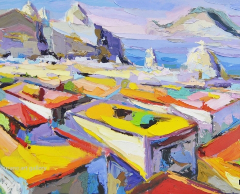 Dipinto di Ciro D’Alessio che raffigura una città mediterranea dai tetti bianchi, evocata con colori caldi e spatolate energiche.