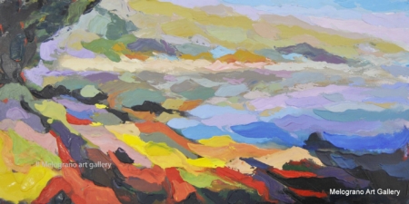 Dipinto di Ciro D’Alessio con chiazze di colore calde e luminose che evocano un paesaggio astratto mediterraneo.