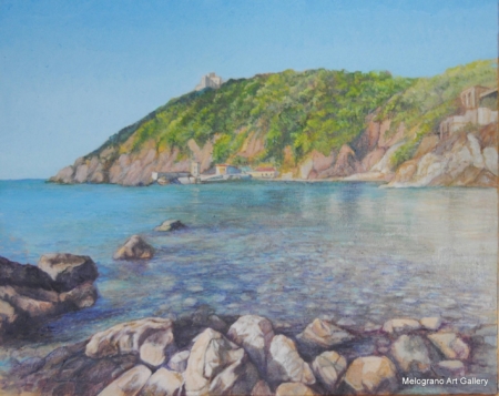 Dipinto del mare livornese al mattino con luce radente e vista su Castel Sonnino, opera di Claudia Cerrai.