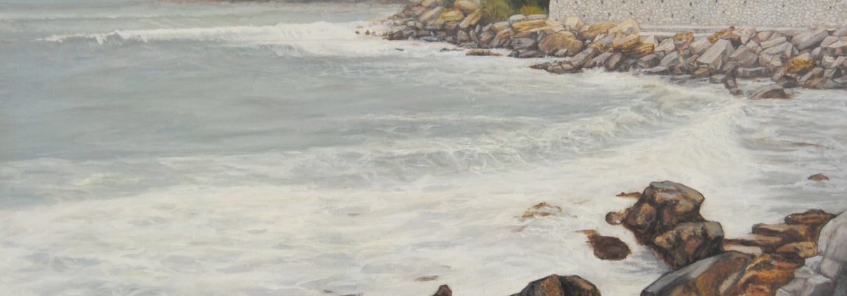 Paesaggio marino invernale a Quercianella con riflessi sull’acqua fredda, dipinto di Claudia Cerrai.