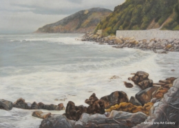 Paesaggio marino invernale a Quercianella con riflessi sull’acqua fredda, dipinto di Claudia Cerrai.