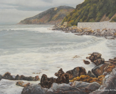 Paesaggio marino invernale a Quercianella con riflessi sull’acqua fredda, dipinto di Claudia Cerrai.