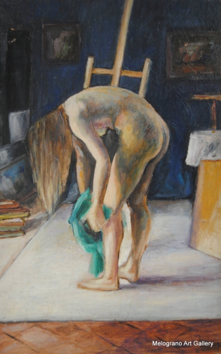 Nudo femminile in interno, donna che si asciuga la gamba con i capelli sciolti, dipinto di Claudia Cerrai.