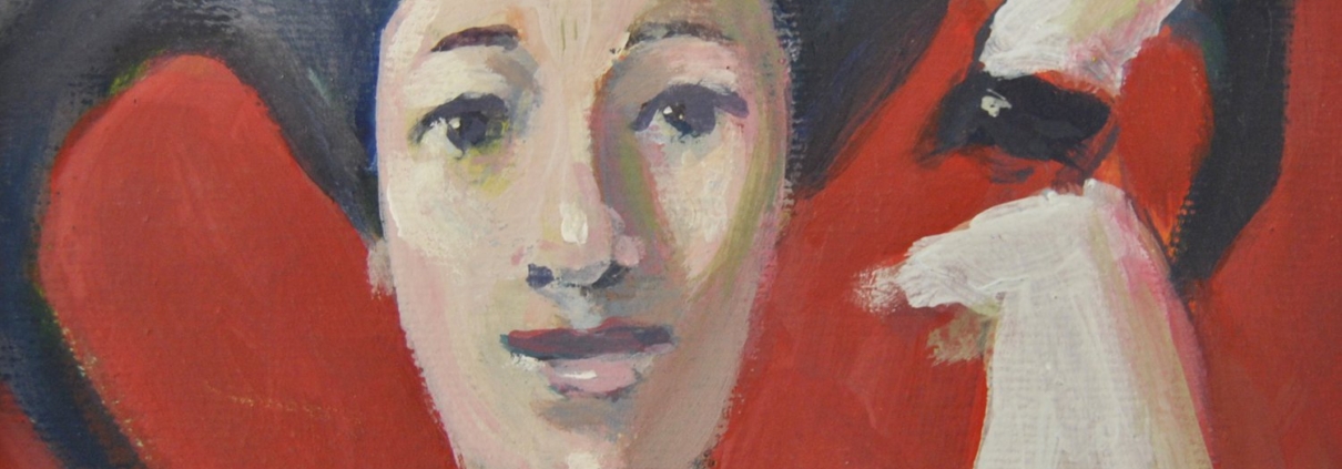 Ritratto di donna con acconciatura rinascimentale e berretto, con pupazzo di Pulcinella in mano