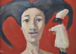 Ritratto di donna con acconciatura rinascimentale e berretto, con pupazzo di Pulcinella in mano