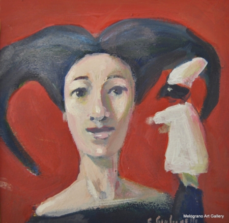 Ritratto di donna con acconciatura rinascimentale e berretto, con pupazzo di Pulcinella in mano