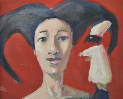 Ritratto di donna con acconciatura rinascimentale e berretto, con pupazzo di Pulcinella in mano