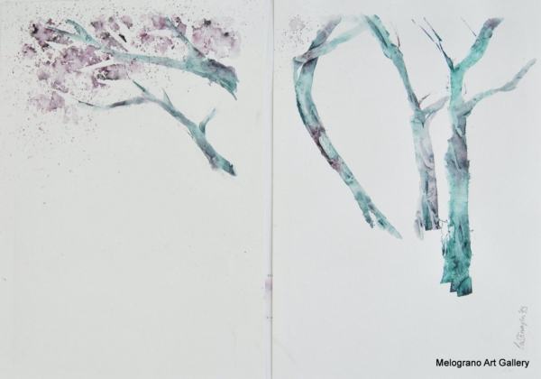 Acquarello tronchi d’albero – forme sinuose naturali, pittura delicata ispirata alla natura