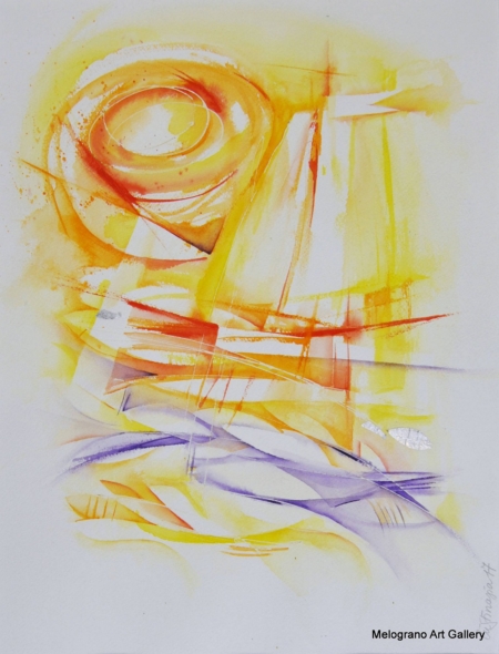 Acquarello vela – mare astratto nei toni rossi e gialli, pittura poetica e luminosa