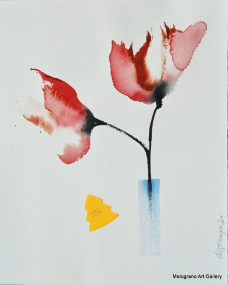 Acquarello fiori rossi in vaso – pittura floreale, toni caldi e luminosi, composizione delicata